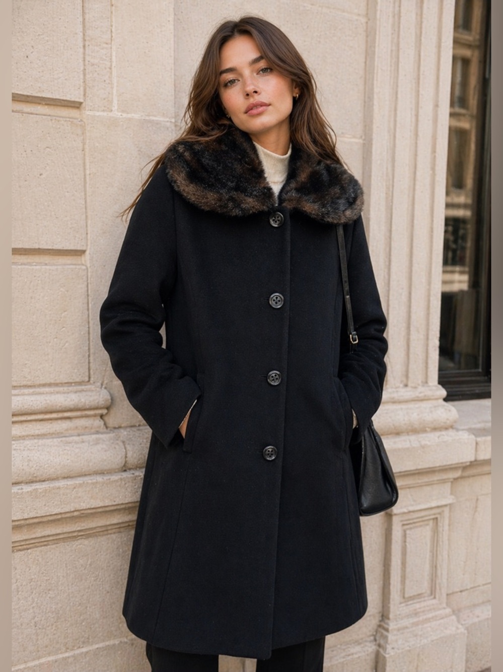 Vintage Bill Blass Black Wool Coat Faux Fur Collar Size 14 Classic Elegant